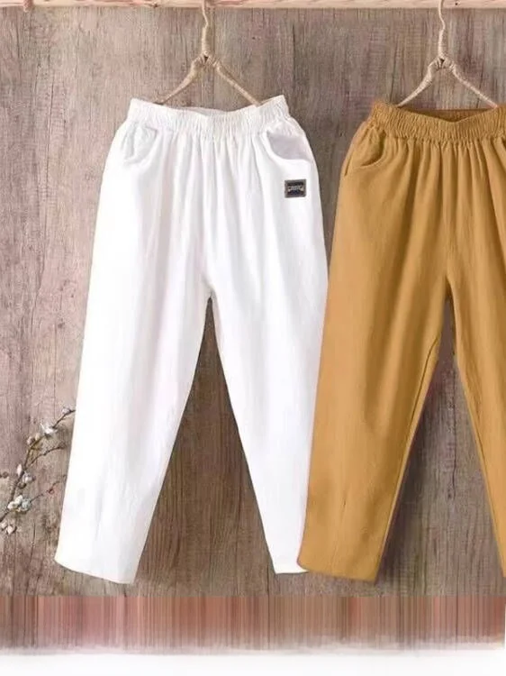 Cotton Harlan Pants Women's Summer Loose Mom Large Size Cotton Nine Points Casual Pants Single Two-Piece Set High Waist Elast...