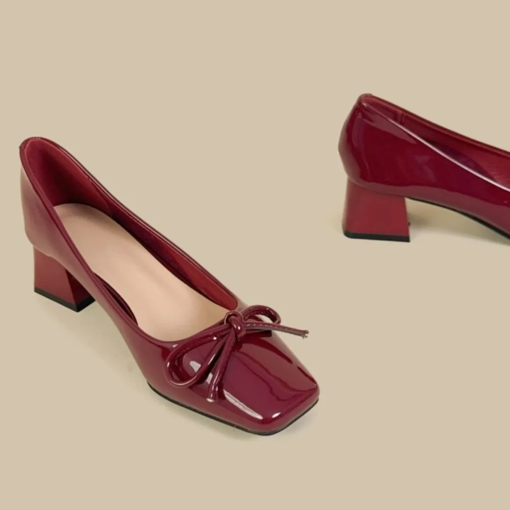 

New Spring Autumn Fashion Woman's Patent Leather Bowtie High Heel Shoes Low Heels Slip on Flat Woman Red Pumps