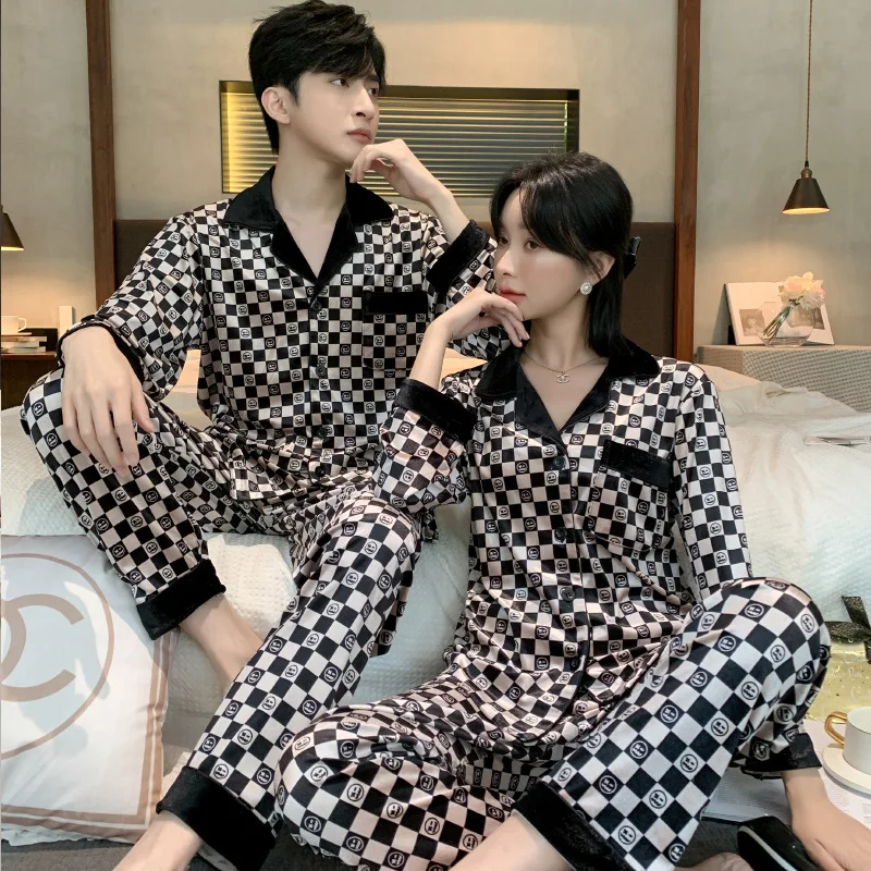 

Autumn Winter Couple Velvet Pajamas Set Trouser Print Plaid Sleepwear Pijamas Suit Loose Casual Velour Home Clothes Lounge Wear