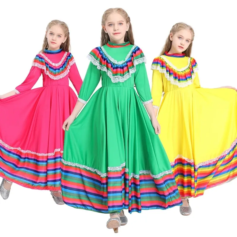 Jalisco Traditional Guadalajara Mexican Folk Child Girls Dancer Costume Halloween Carnival Costumes For Kids 3 Colors Available