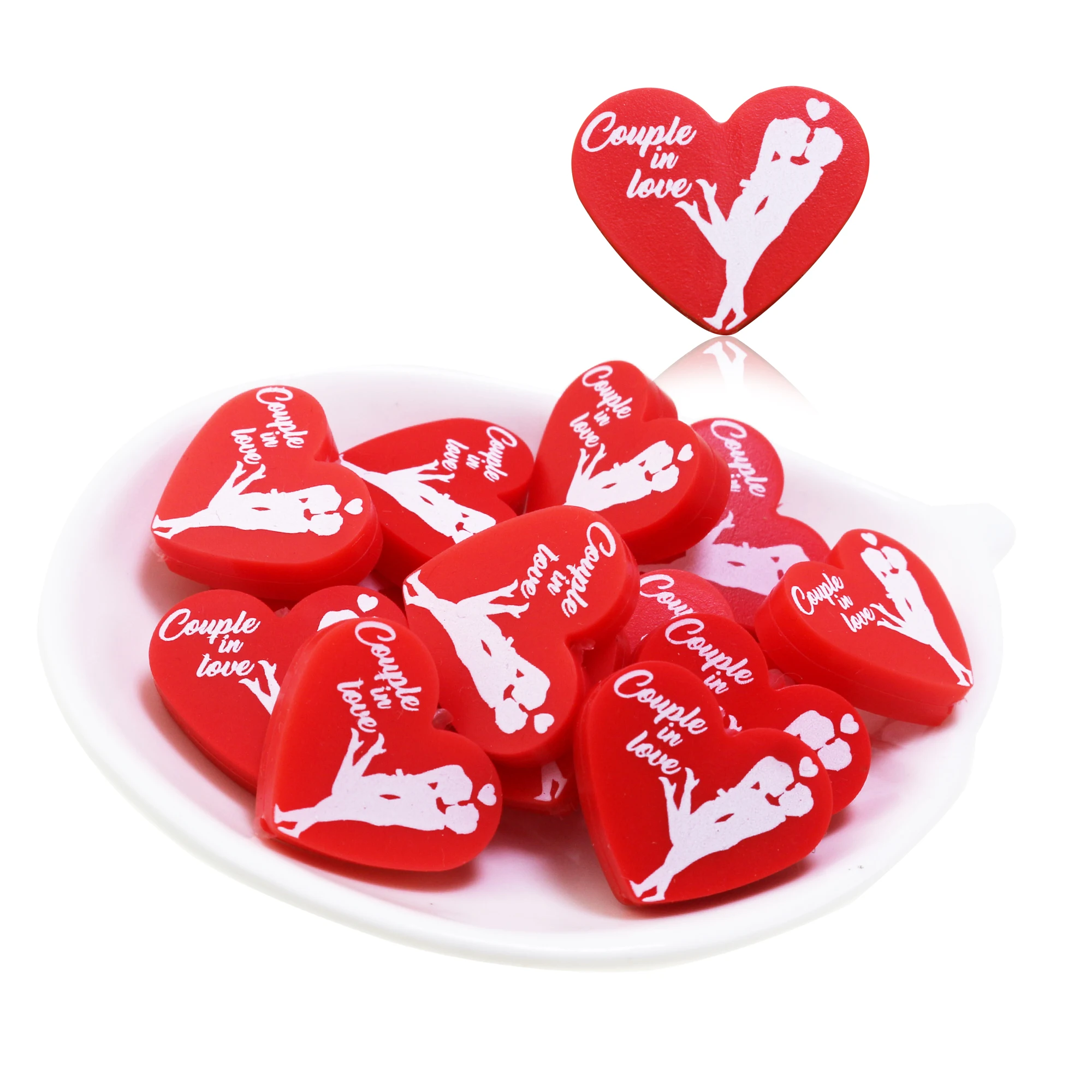 New 10pcs Heart Silicone Beads Couple In Love Screen Printing Teething Pearls Ball For DIY Beaded Pen