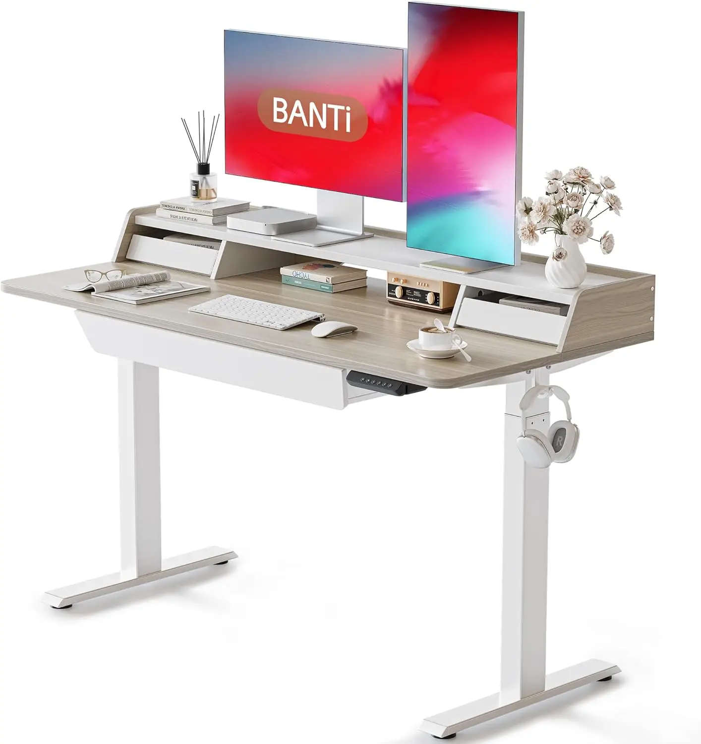 

BANTI 55 x 24 Inch Electric Standing Desk with 3 Drawers, Adjustable Height Stand Up Desk, Sit Stand Home Office Desk with Stora