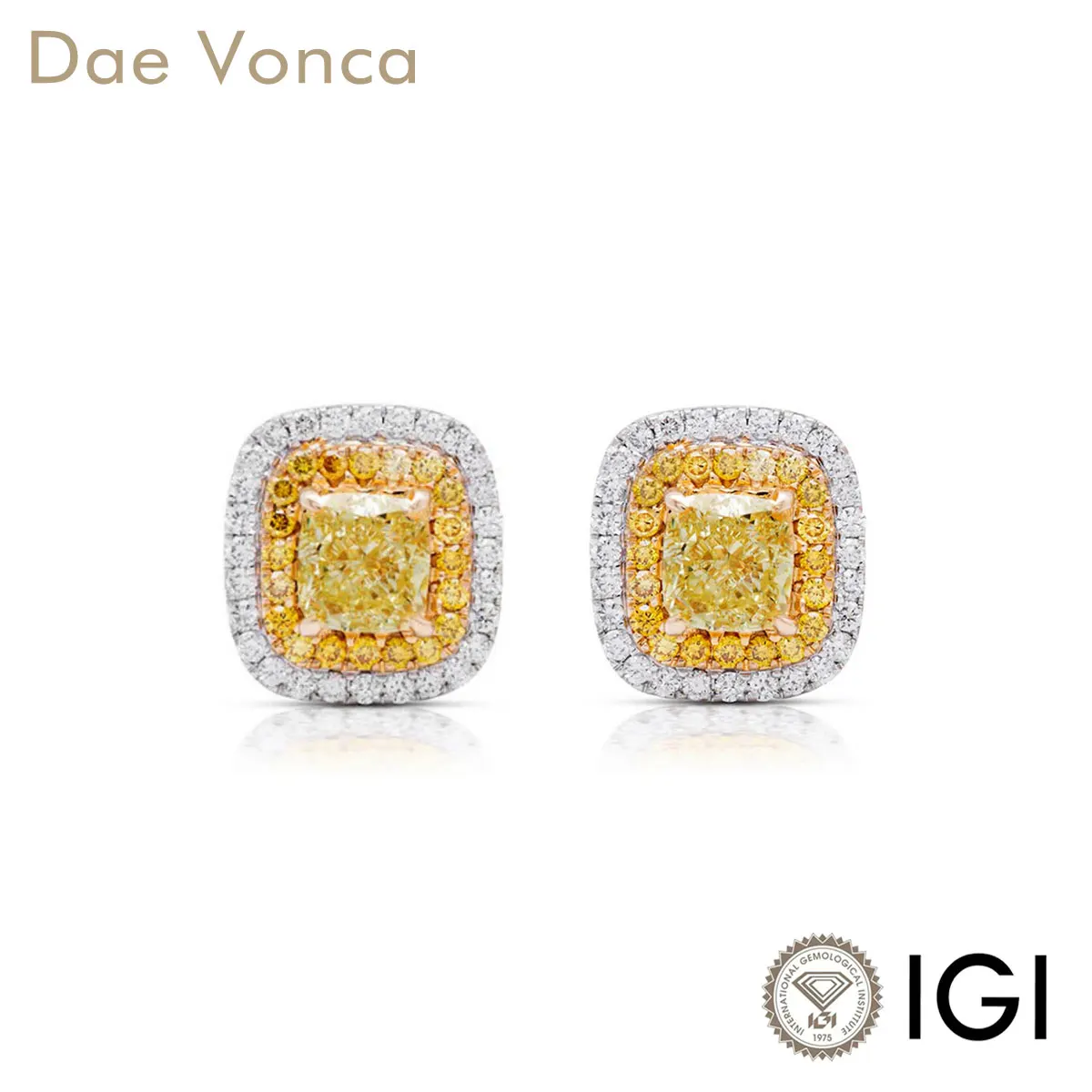 

Double Halo Diamond Earrings PT950/14K/18K White & Yellow Gold Each 1-2ct VS-VVS Clarity Yellow Cushion Lab Grown Diamond Stud
