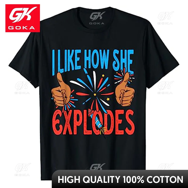 Mens I Like How He Bangs Fireworks Funny 4th of July Couple T-Shirt Sarcastic Jokes Graphic Tee Tops Family Matching Outfit Gift