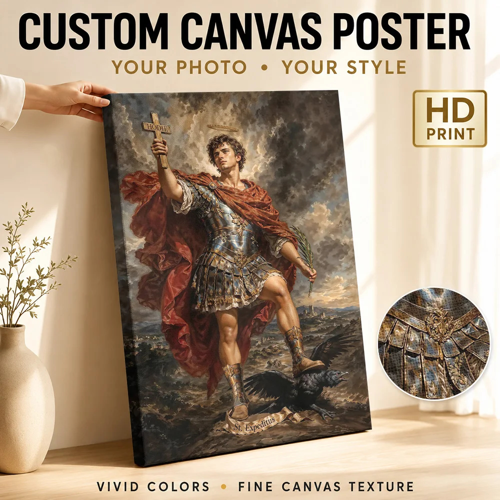 Saint Expeditus Triumphant Over A Raven Framed Canvas Print Poster Custom Photo Spiritual Mythology Wall Art for Bedroom Decor