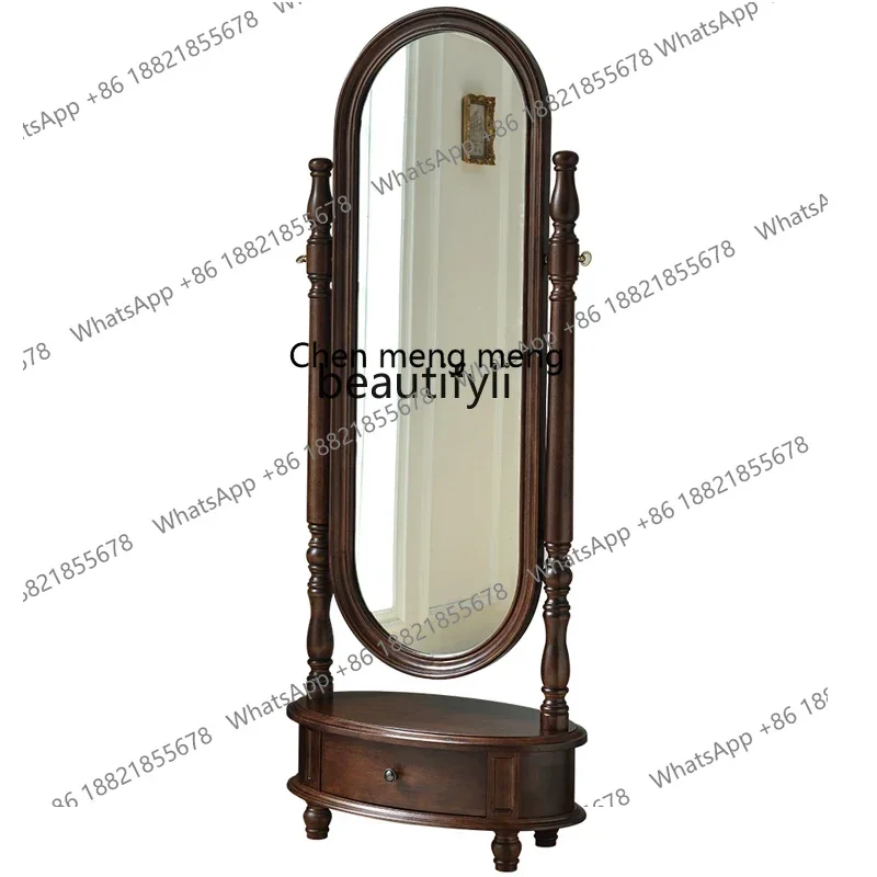 xzRetro Solid Wood Full-Length Mirror Home Fitting Dressing Mirror French Oval Floor Mirror with Storage