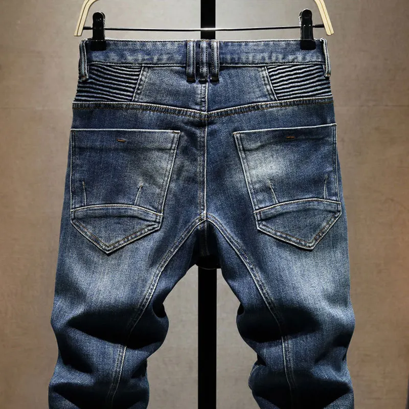 Y2K Italian Fashion Men's Jeans Embroidered, Washed, Nostalgic, Stretch, Slim Fit, Retro Blue Jeans Designer Splicing Pants Homb