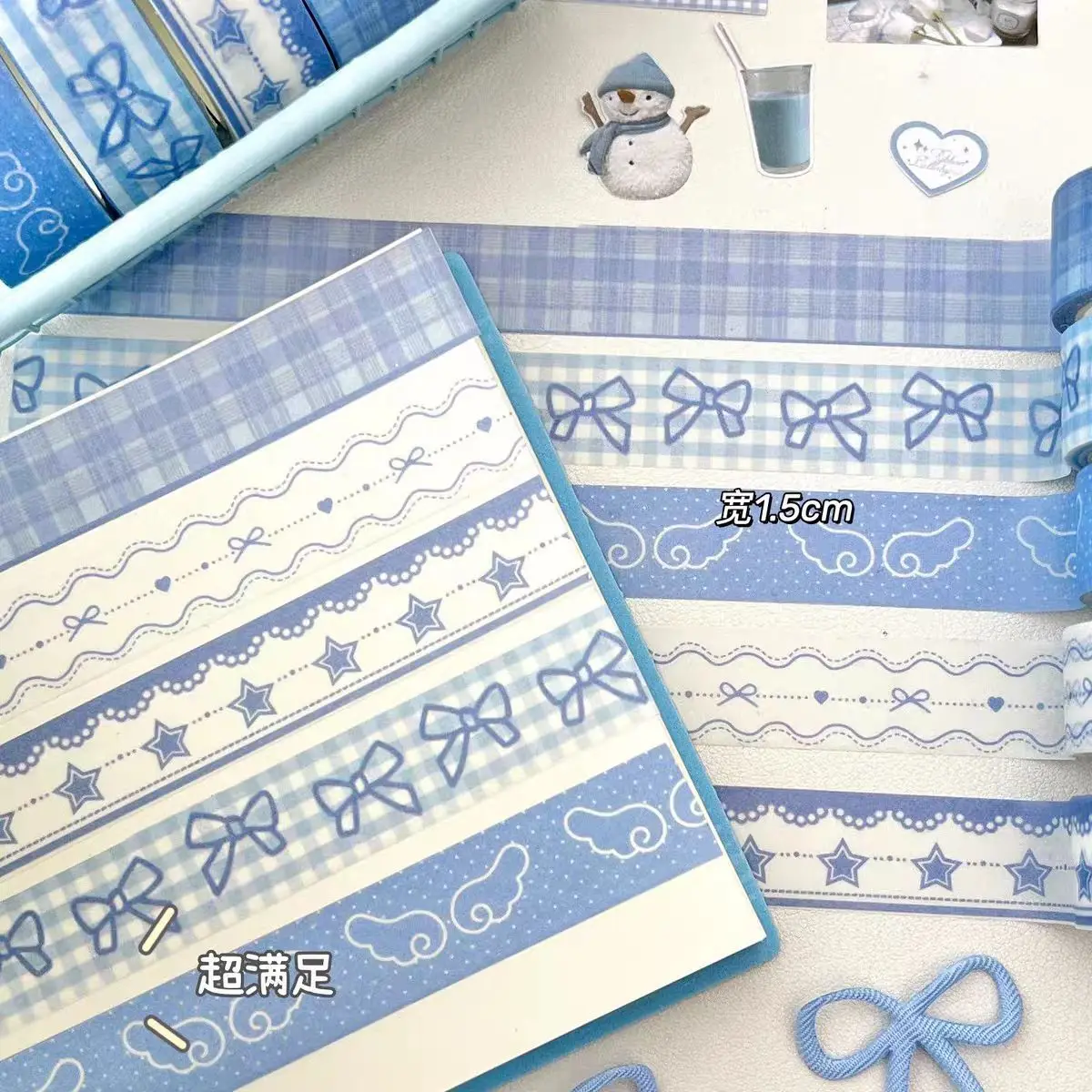 5 Rolls Korean Aesthetic Blue Washi Tape Bow Cloud Star Checkered Decorative Masking Tape For Journal Scrapbooking Stationery - view 3