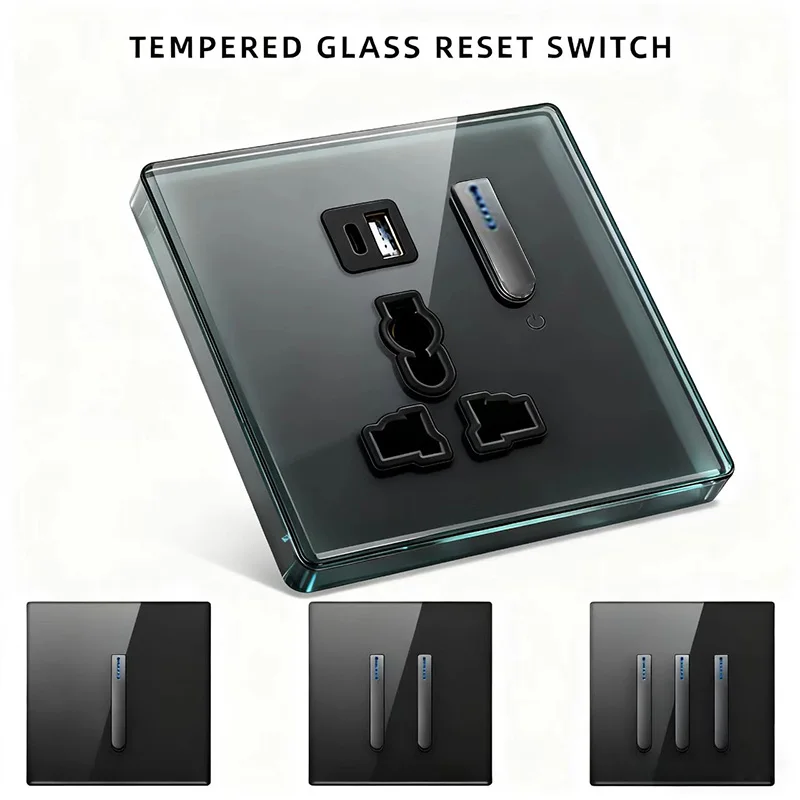 

Luxury light switch LED indicator black crystal tempered glass steel piano key model design button wall switch, UK FR EU socket