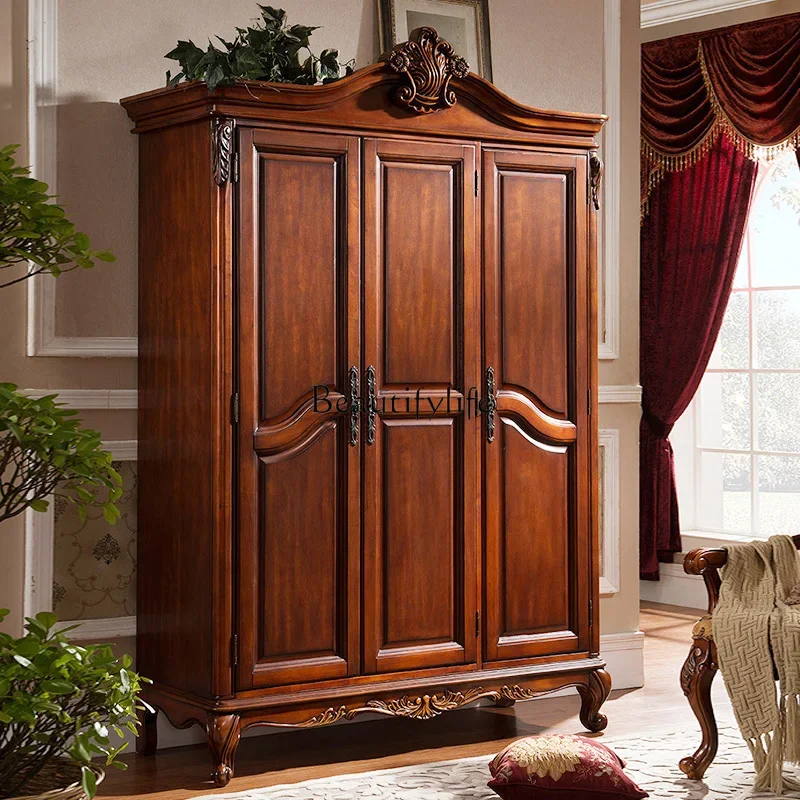 

01American all solid wood wardrobe, bedroom three-door large wardrobe, European assembly hanging wardrobe