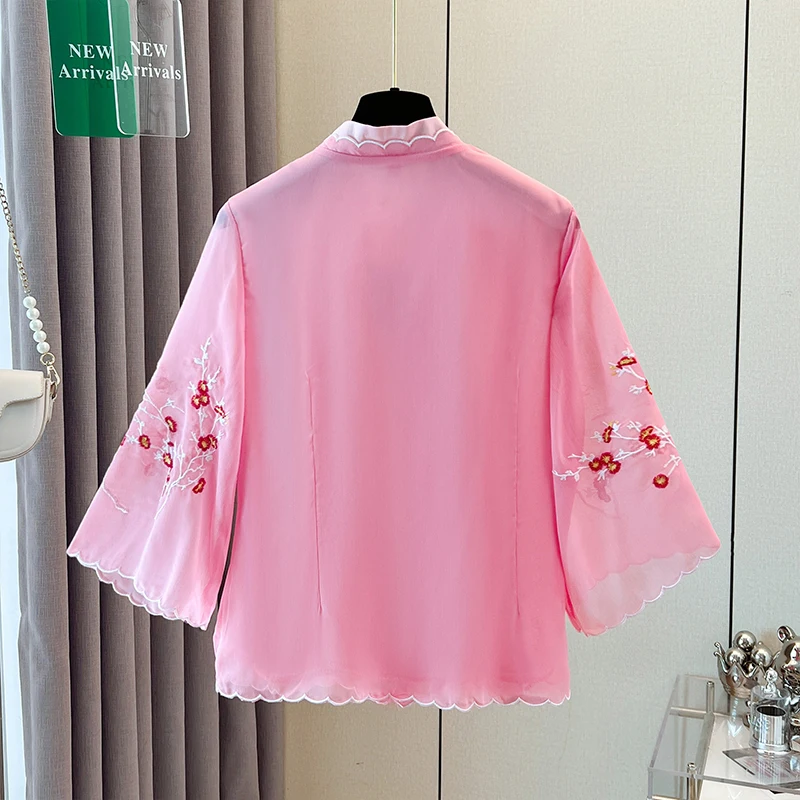 Floral Embroidered Chiffon Blouses Women Flare Sleeve Vintage Tang Tops Chinese Style Retro Buckle Tops