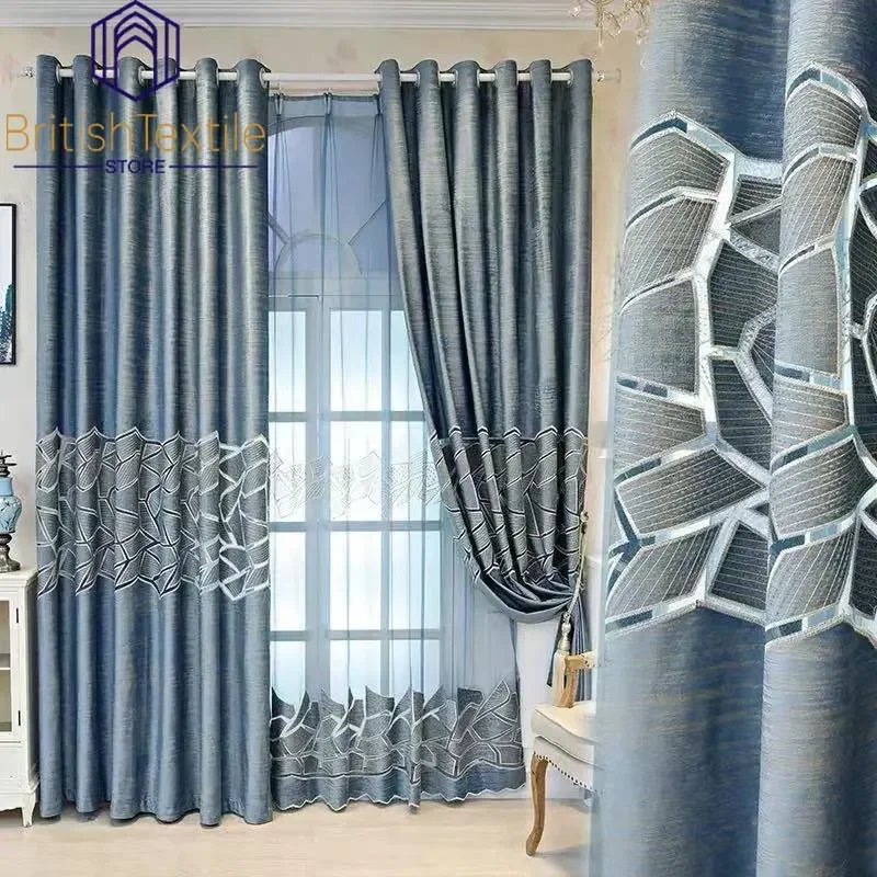 European Luxury Curtains for Living Dining Room Bedroom Semi White Tulle Premium Crack Geometric Custom Home Decor Brown