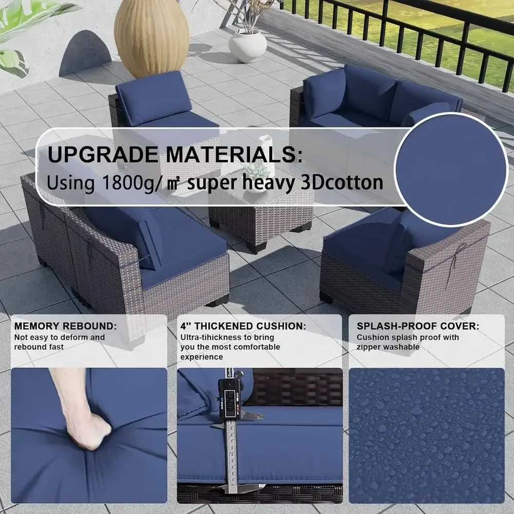 7-Piece Outdoor Patio Furniture Set, Wicker Sectional Sofa, All-Weather Cushioned Seating, Ideal for Garden, Balcony, Porch, Nav
