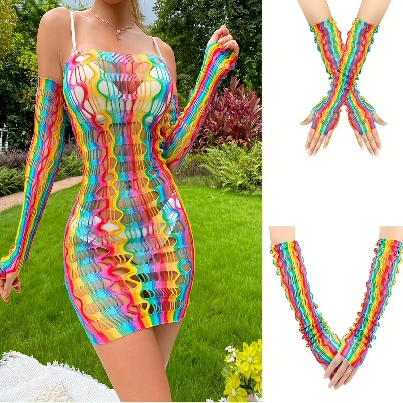 

Радужные полые эластичные сетчатые перчатки, красочные длинные перчатки, праздничные вечерние красочные перчатки в сеточку