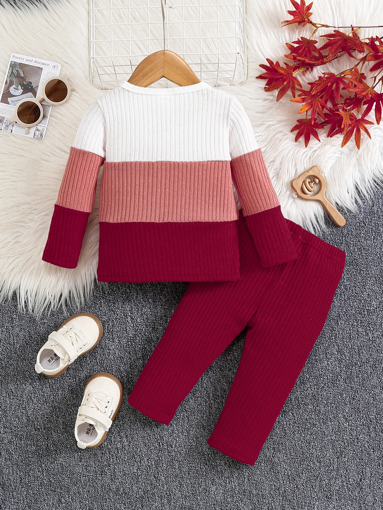 Baby Girls Color Block Ribbed Outfit Set 9M-3Y Long Sleeve Crew Neck Top + Pants Soft Knit Casual Fall Clothes