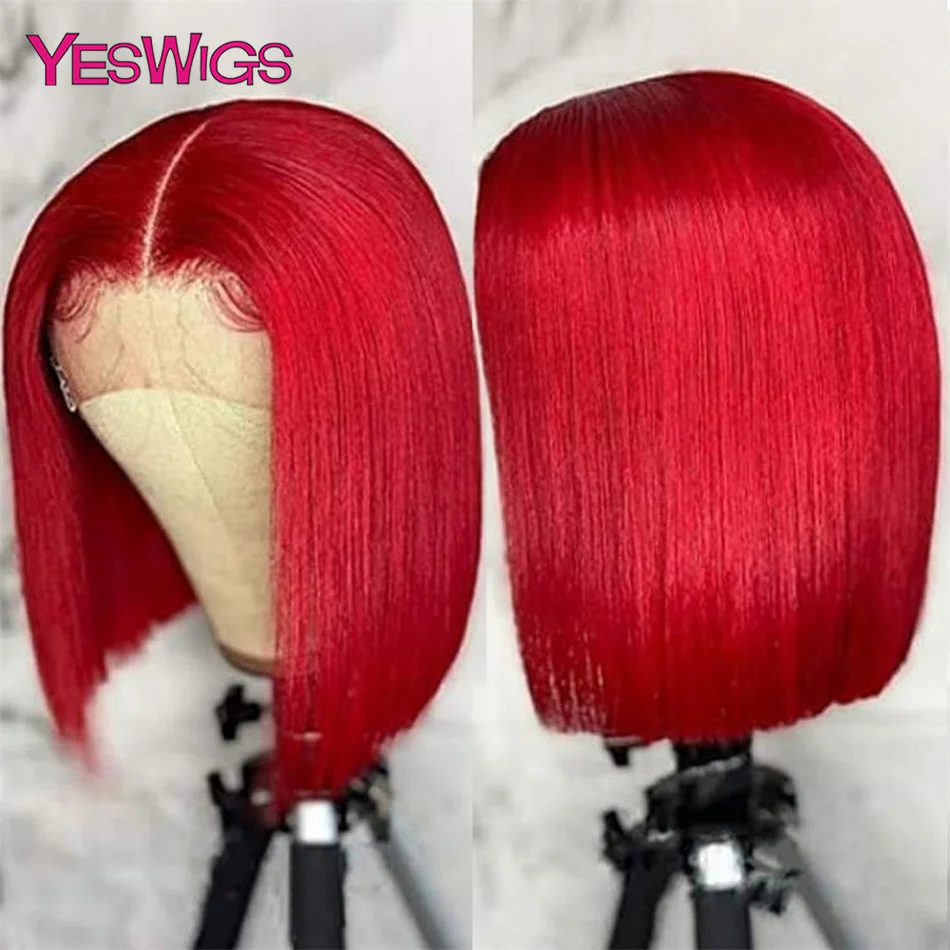 Short Bob Wig Hot Red Burgundy 99j Colored Brown Lace Front Human Hair Wigs Bone Straight Bob Wig Lace Frontal Wigs For Women