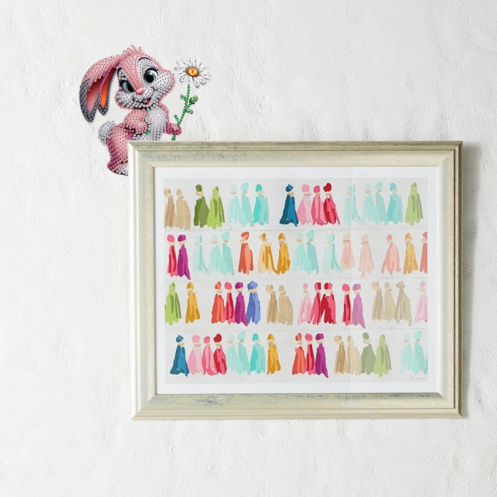 مجموعات ديكور ركن الباب الماسي، أرنب وردي أكريليك شكل خاص باب المطبخ المنزلي الماسي، إطار الصورة ديكور فني هدية #6