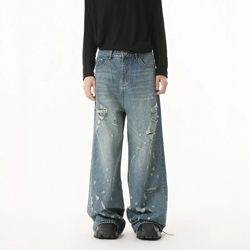 WTHT موضة جديدة للرجال فتحة غير منتظمة تصميم قديم سراويل دينم عالية الشارع جينز صيفي فضفاض عالي الخصر للرجال 2A0066