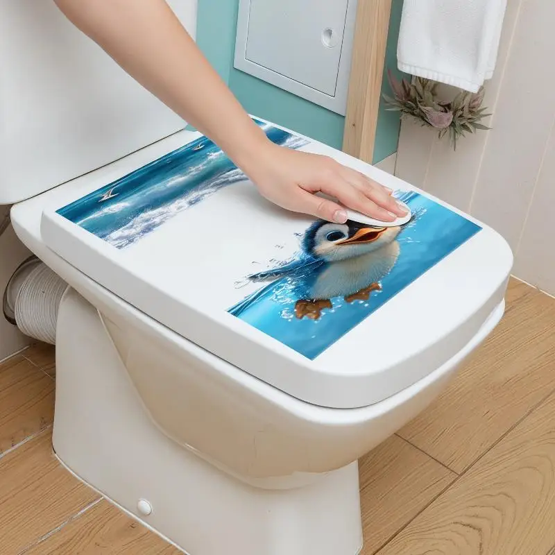 Waterproof Toilet Sticker Adorable Cartoon Penguin Seagull Underwater Print DIY Decal for Bathroom Toilet Lid Decor