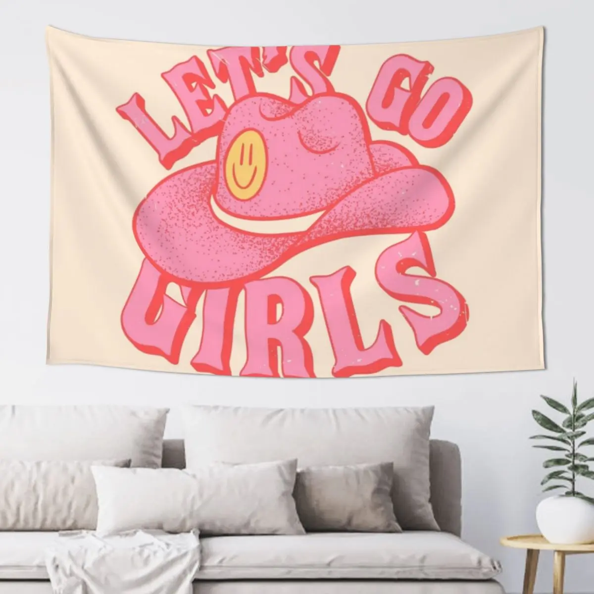 

Let's Go Girls | Pink Cowboy Cowgirl Rodeo Hat Preppy Aesthetic Bachelorette Party | HOWDY Y'AL Tapestry