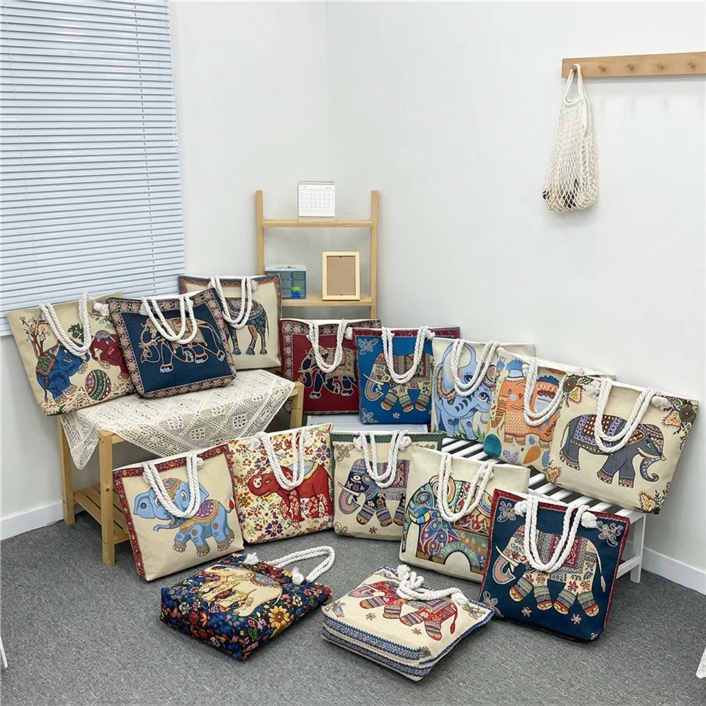 

Elephant Embroidered Bag Stylish Large Tote Bag Women'S Shoulder Bag Medium-Soft For Short Distance Travel Casual Shopping Daily