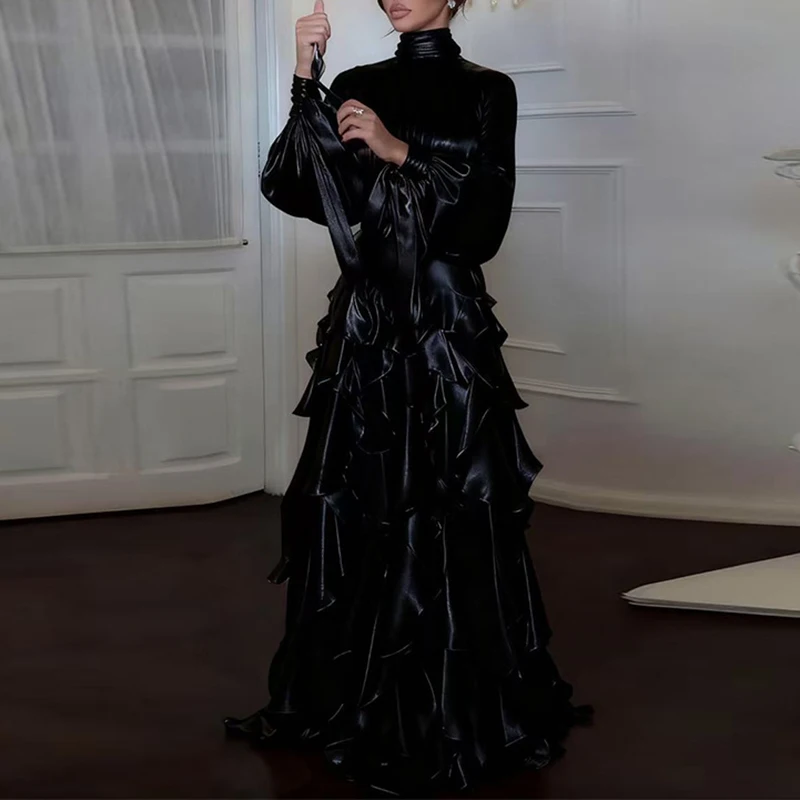 Moda cintura alta plissado vestido de festa senhora casual gola alta em camadas vestido de banquete elegante manga longa cor sólida vestido de noite