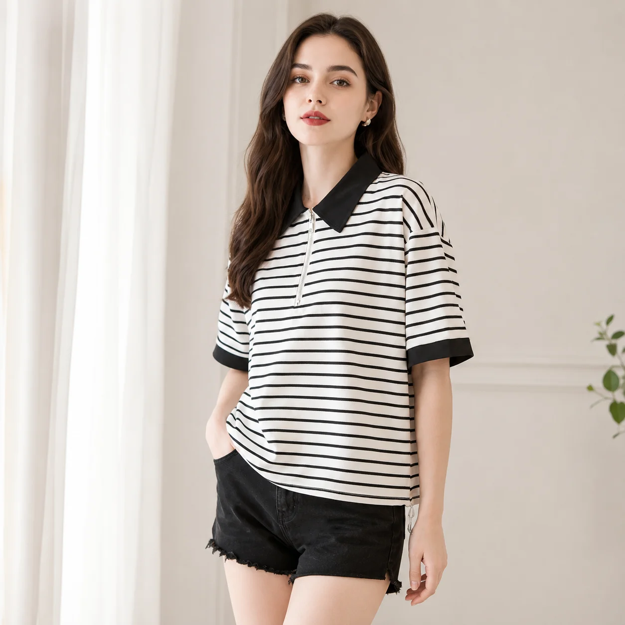 EOENKKY Women Striped Polo Shirt Half Zip Loose Fit Short Sleeve Contrast Collar Drawstring Hem Cotton Blend Summer Top