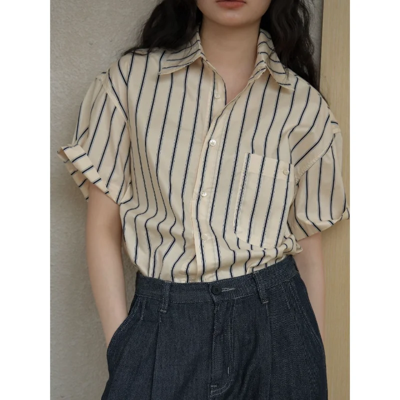 2023 Summer New Literary Vintage Lapel Design Sense Striped Short Sleeve Loose and Thin Breathable Women Shirt Top