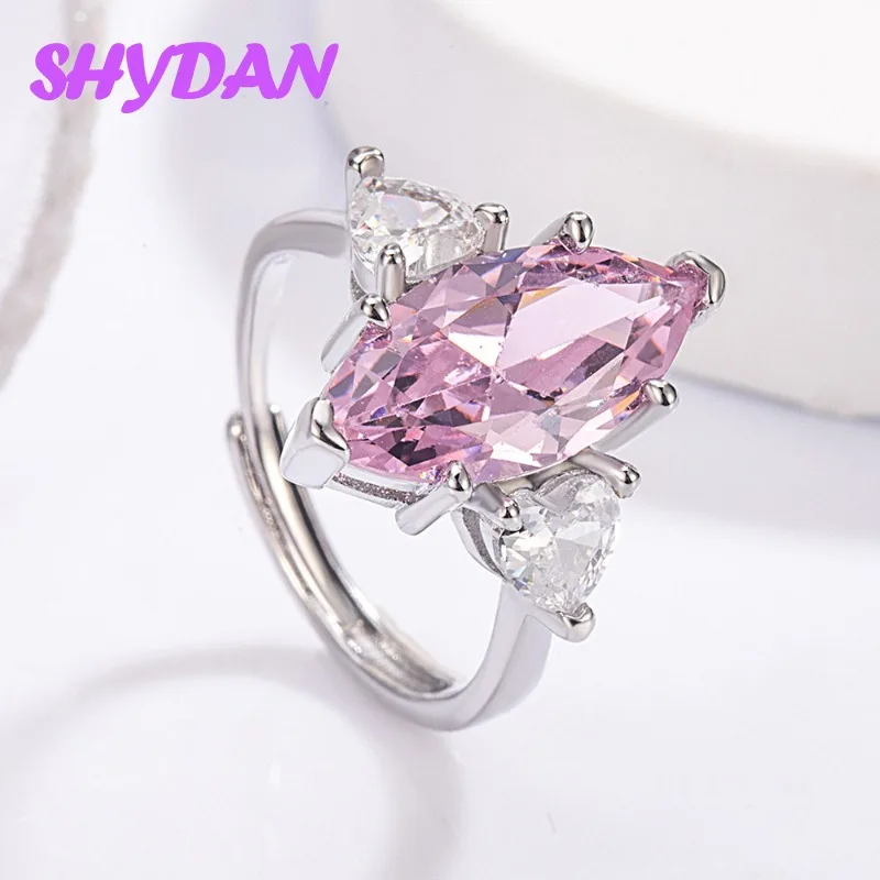 SHYDAN 925 Sterling Silver Oval Pink Zircon Open Adjustable Ring For Women Fashion Jewelry