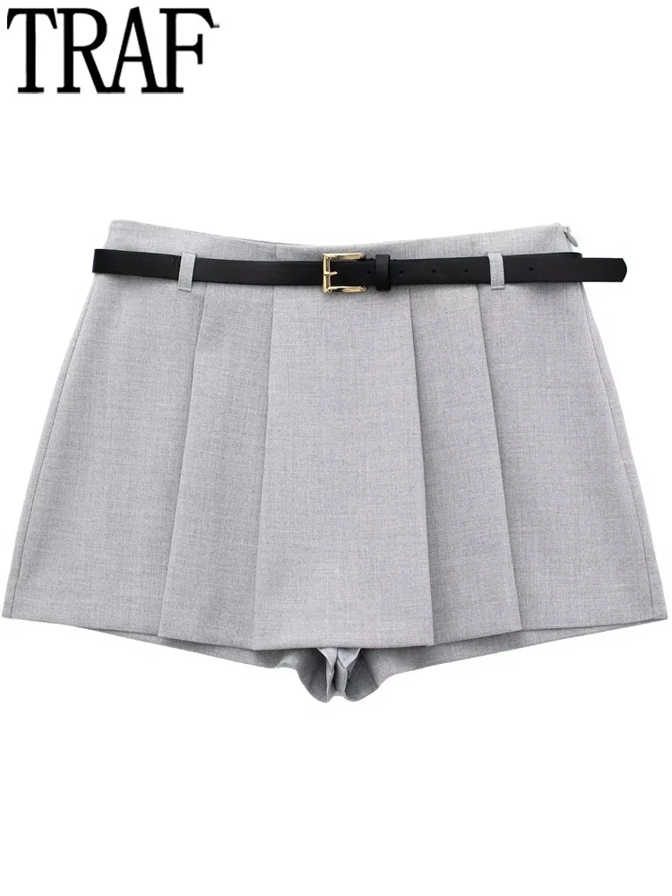 

TRAF Pleated Mini Skirt Shorts Woman Mid Waist Grey Skort For Women Y2k Streetwear Casual Short Fashion Baggy Women's Skort