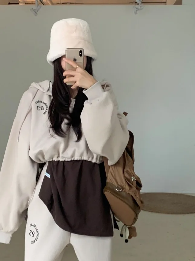 

Women's Fce Lined Hoodie Jaet Warm Outerwear with Waist Cinching Letter Print Anti Aging Cuffed Casual Pants Set