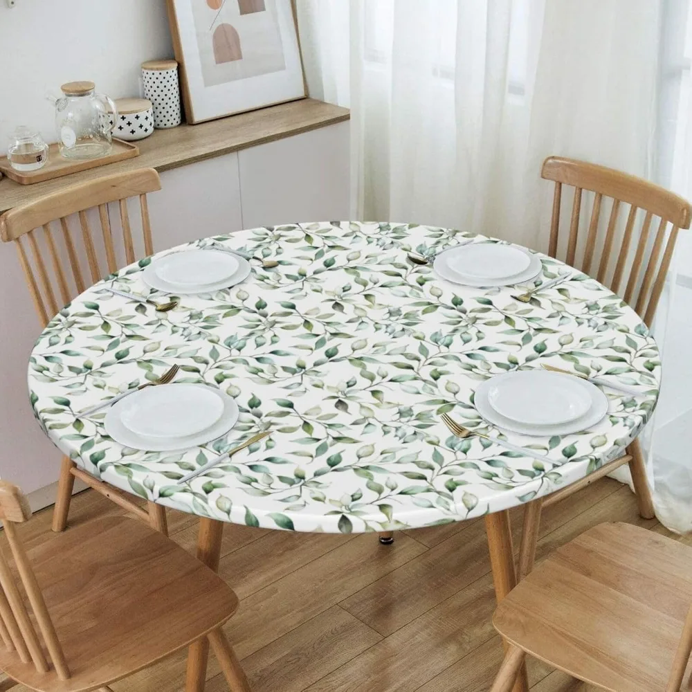 Watercolor Sage Green Leaf Round Tablecloth Teal Eucalyptus Leaves Table Cover with Elastic Edge Washable Fits 45