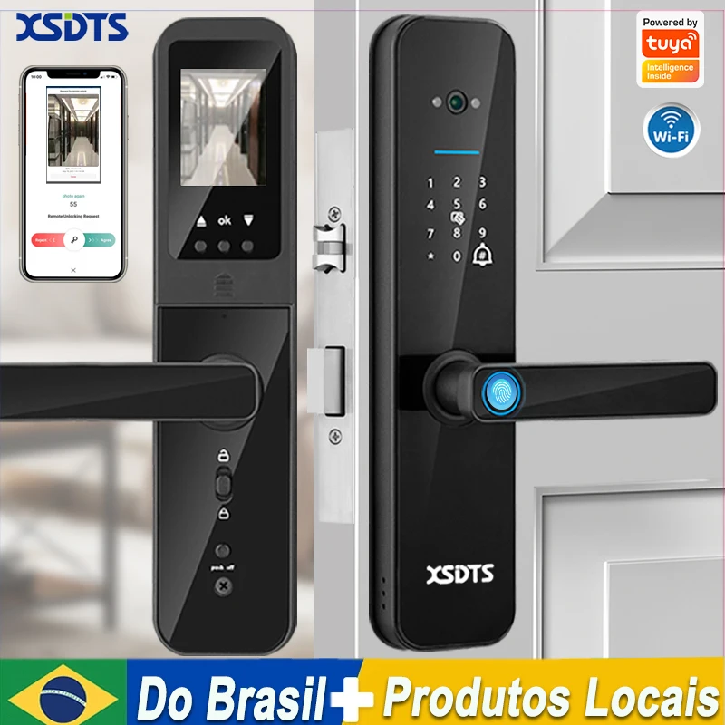 Xsdts tuya wifi digital eletrônico inteligente fechadura da porta com câmera biométrica impressão digital cartão inteligente senha chave desbloqueio