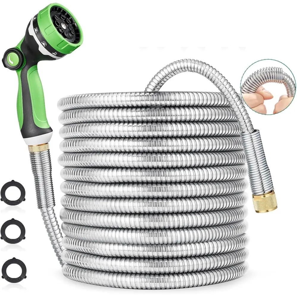 

Набор герметичных металлических садовых шлангов из нержавеющей стали длиной 75 футов — новый пружинный защитный рукав премиум-класса SUS304, антикоррозийная латунь 3/4 дюйма