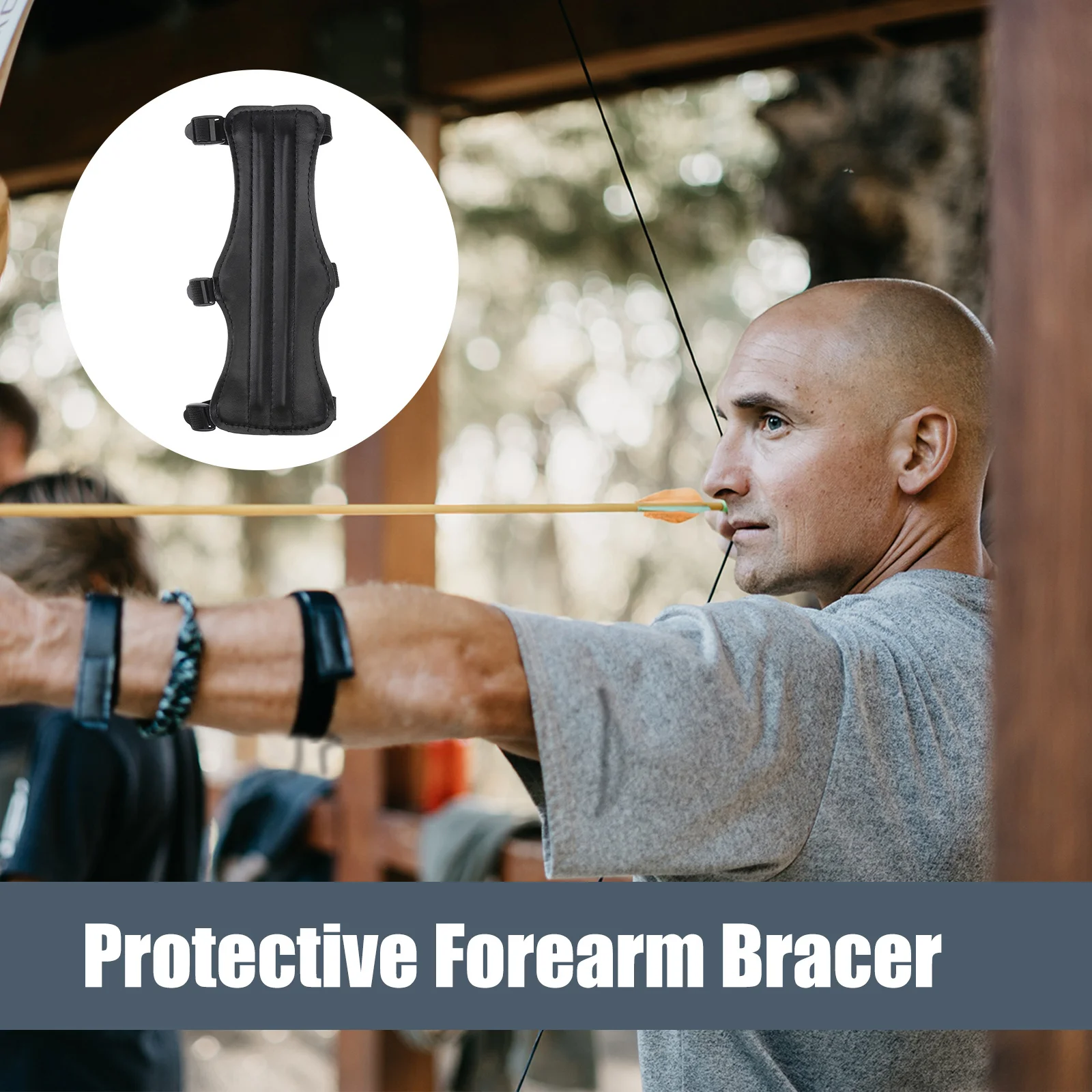 Protector de brazo de Triple hebilla de PU negro, Protector de antebrazo ajustable para mano izquierda derecha, brazalete recurvo con correa segura