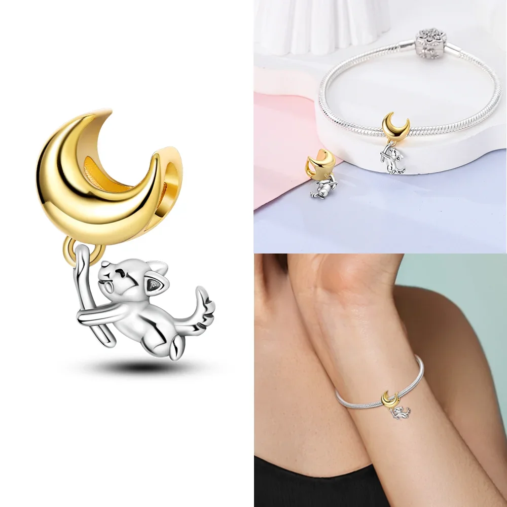 Rock Cat Pendant Features Cute Animal Moon Dog Charms Bead Fit Bracelet Original 925 Silver Women Jewelry Accessories Fine Gift