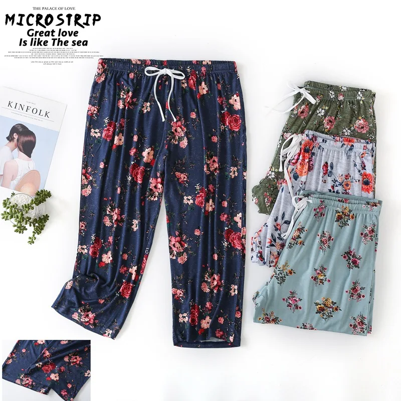 Summer Women Casual Sleep Pants Plus Size Home Bottoms Ladies Modal Calf-Length Pants High Quality Print Loungewear Pants