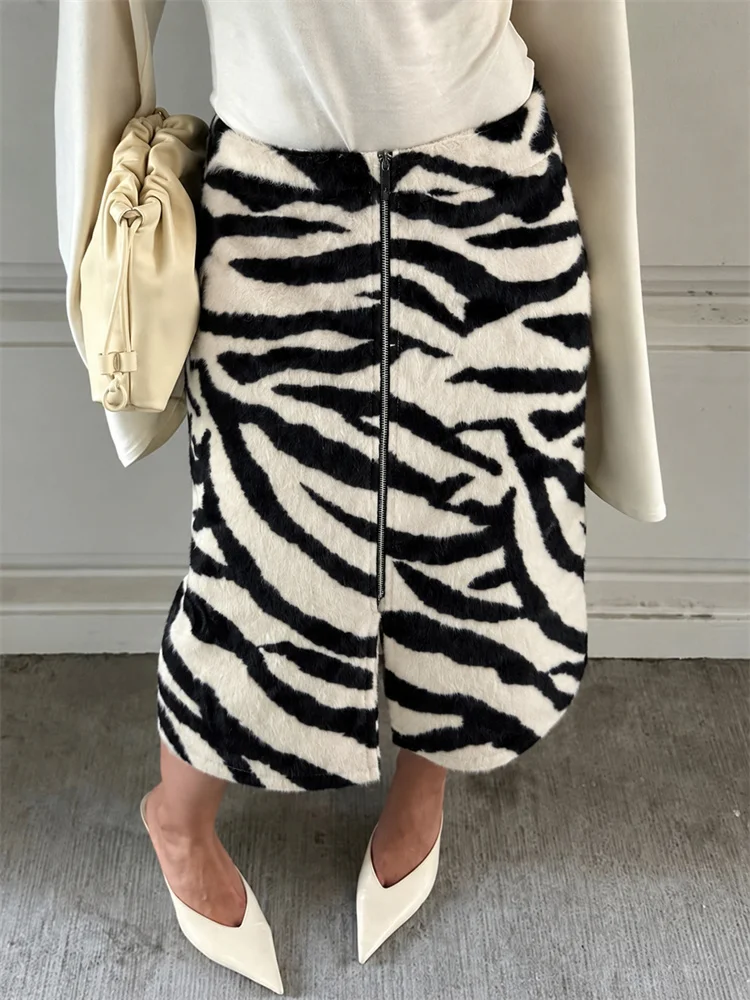 Tossy Women's Zebra Print Midi Skirt High Waist Pencil Front Zipper Side Slit Casual Daily Streetwear Faux Fur Plush Fall Skirt