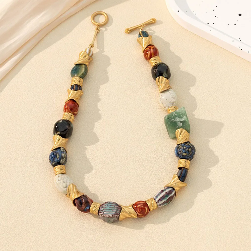 To Reins Vintage Natural Stone Necklace Women Golden Ceramics Ladies Septum Female Clavicle Chain Luxury Jewelry Fashion Gift