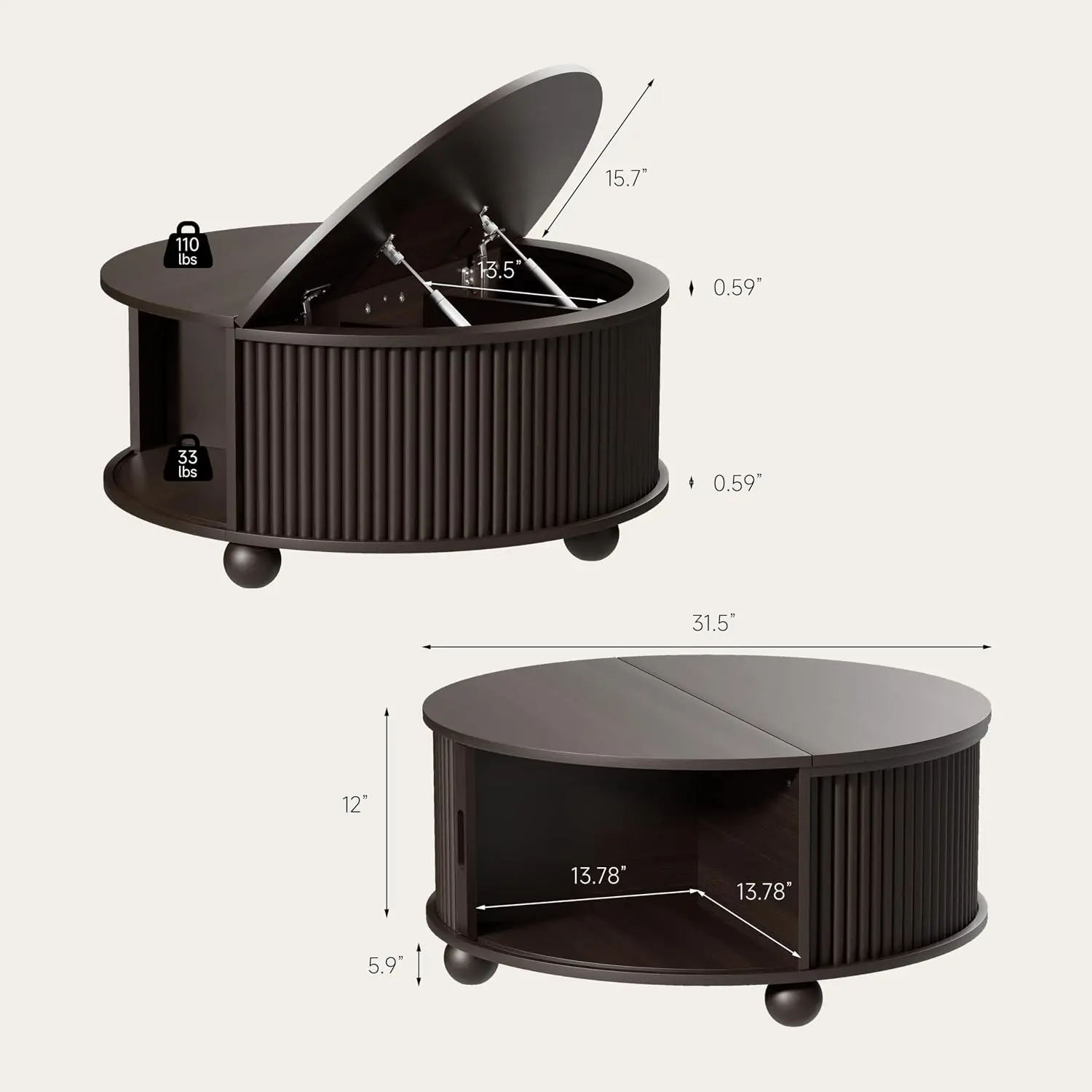 31.5 Inch Fluted Round Drum Coffee Table With Sliding Cabinet Door Storage Accent Side Table Suitable For Living Room Compact Small Apartment Space Dark Walnut Finish view 2