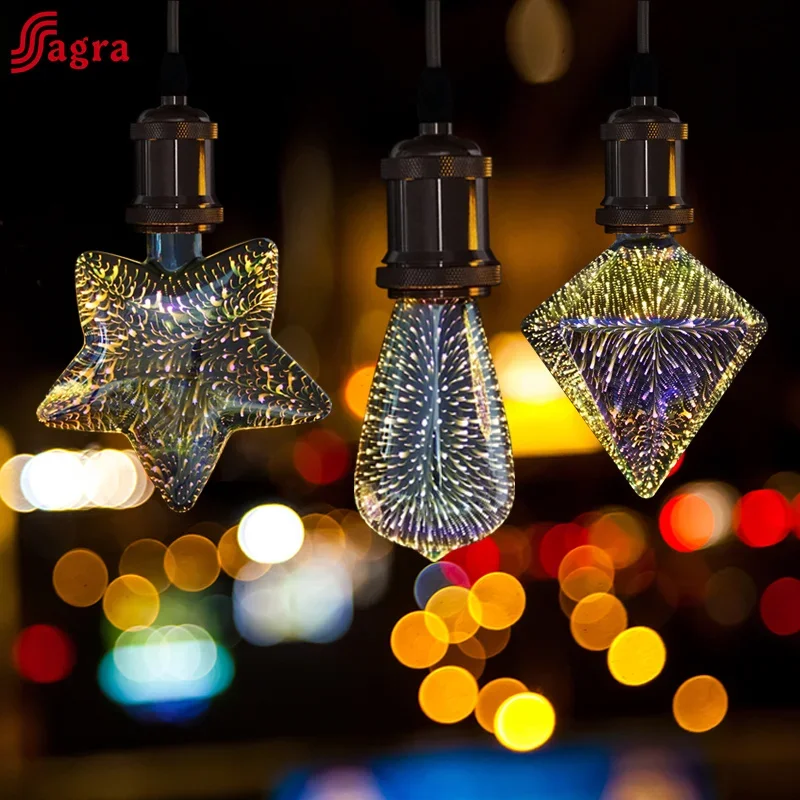 3D Decoration LED Bulb E27 4W AC85-265V Vintage Edison Light Bulb Star Fireworks Lamp Holiday Night Light Novelty Christmas Tree