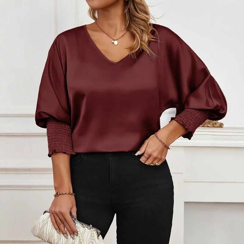 เสื้อผ้าผู้หญิงไซส์ใหญ่ ผ้าซาติน แขนยาว คอวี ทรงหลวม แฟชั่นลำลอง สไตล์ทำงาน