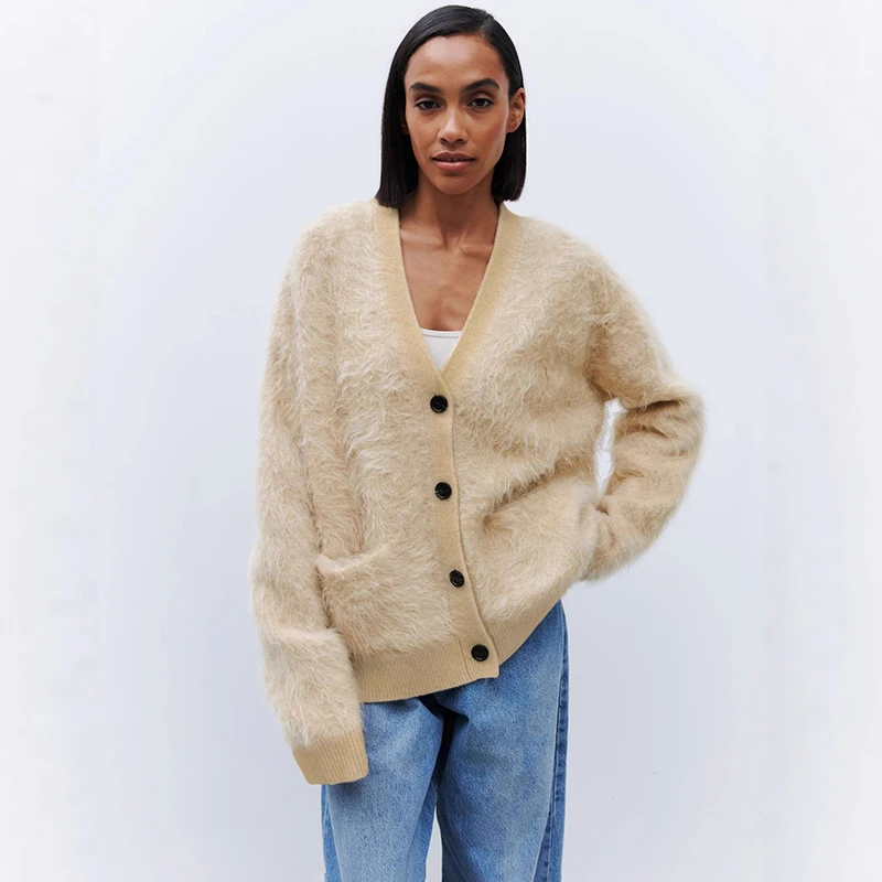 

Tornova Mink Velvet Sweater Cardigan 2025 Autumn Winter Women's Loose Kniited Coat V neck Long Sleeve Warm Lady Casual Cardigan