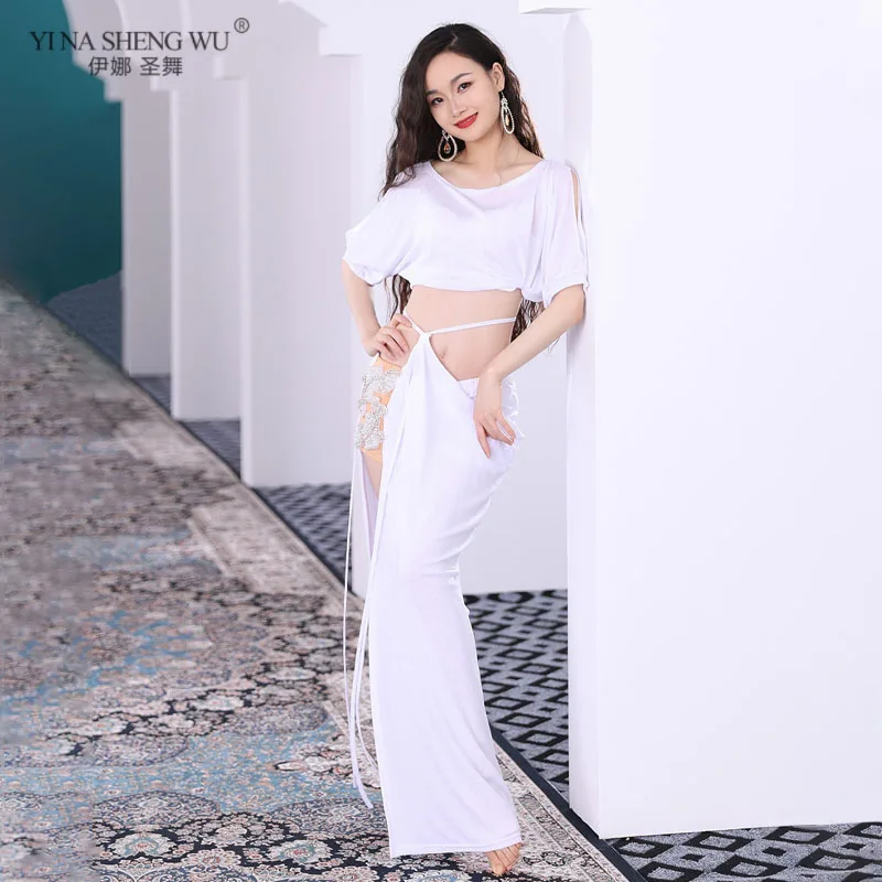 

Женские костюмы для танца живота, комплект из 2 предметов, верхняя юбка с камнем, сексуальная одежда с открытыми плечами и высоким разрезом для восточных танцев, женская одежда для выступлений