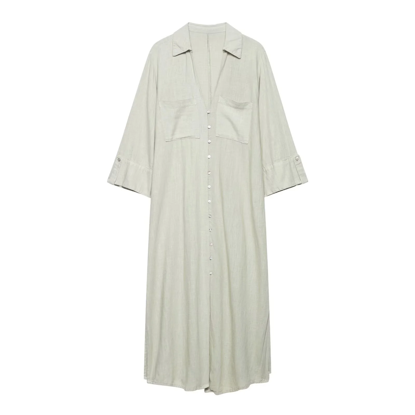 

BM&MD&ZA Women's Casual Simple Lazy - style V - neck Three - quarter - sleeve Linen Shirtdress - style Mid - length Loose Dress