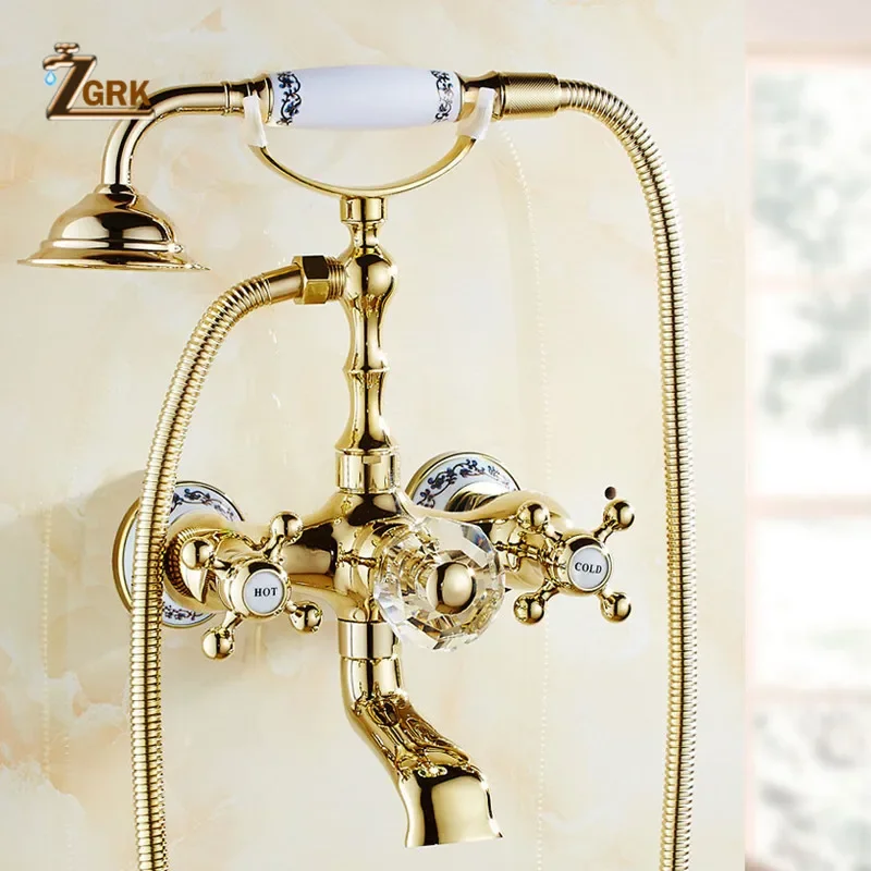 Imagem -03 - Zgrk Torneiras de Banheira Luxuosas Feitas de Cristal Dourado com Misturador e Suporte na Parede para Telefone