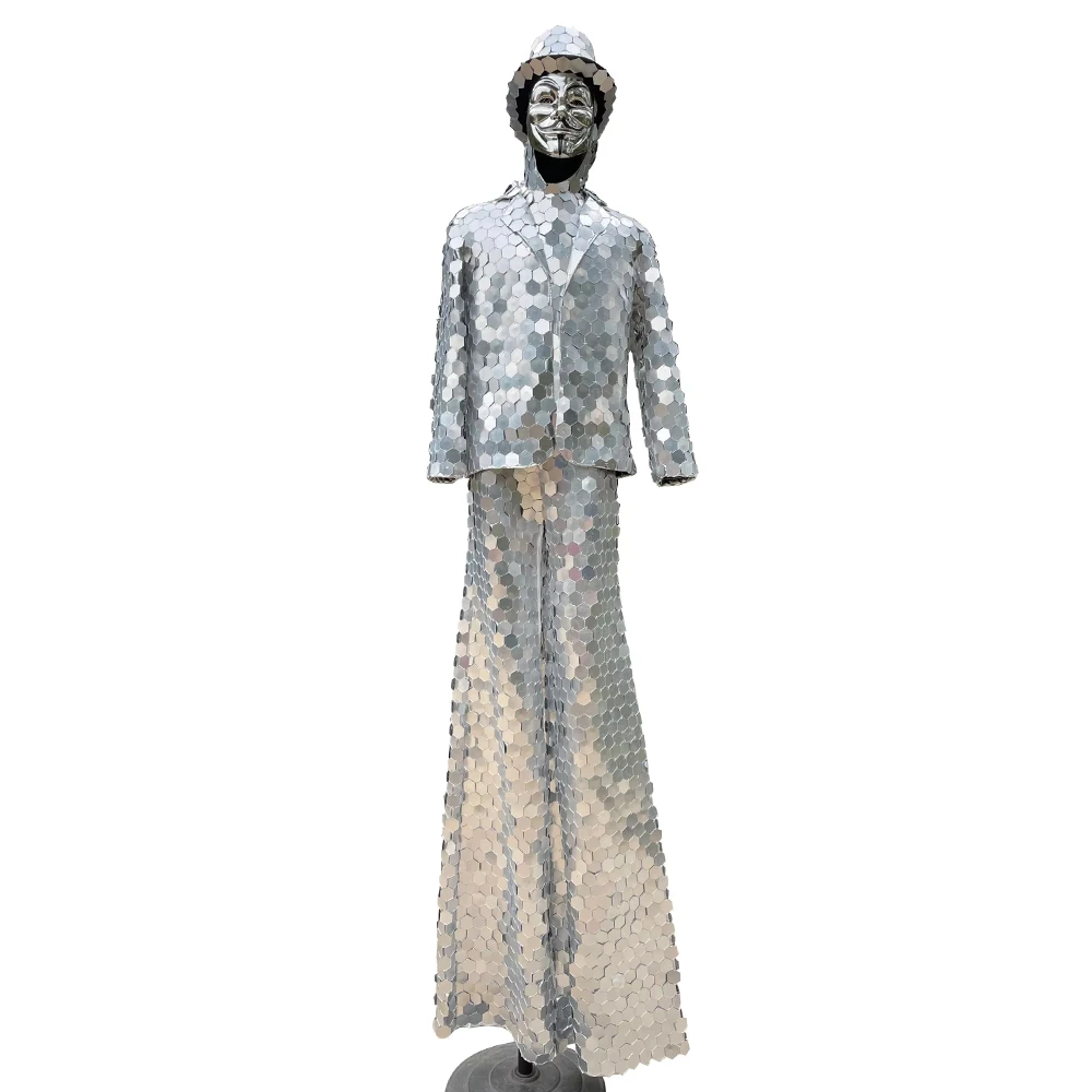 

Handmade Stage Dress Performance Glass Mask Costume Stilts Walker Silver Mirror Man Bar Nightclub Party GOGO Show Outfits