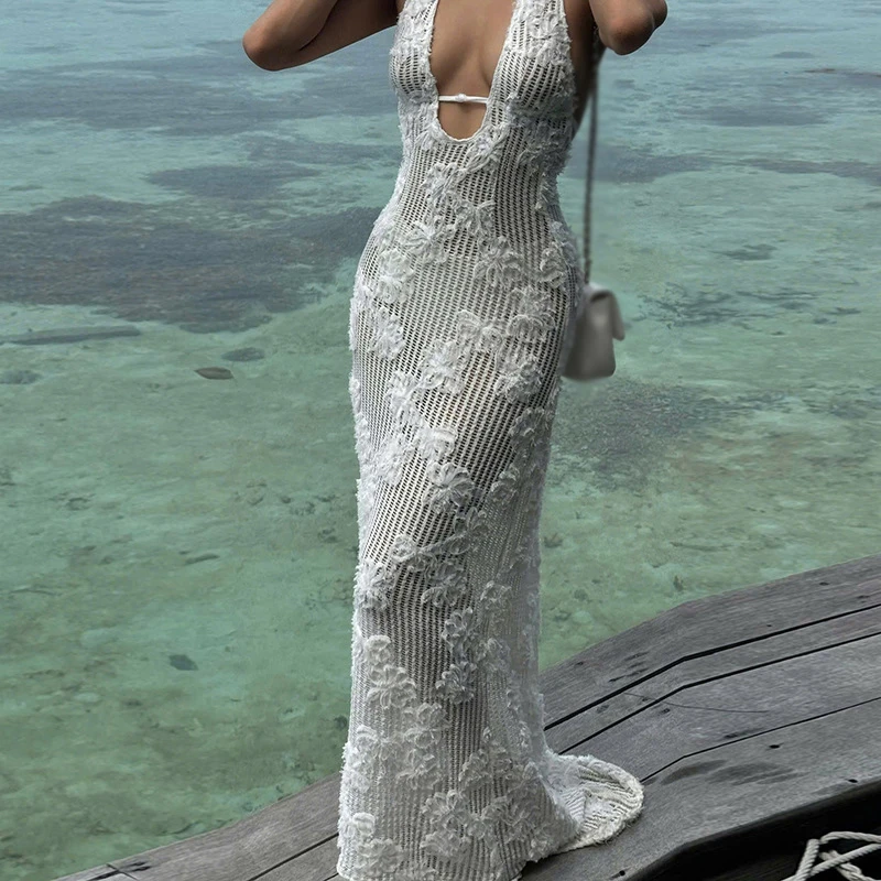 Novo sexy halter baixo corte jacquard vestidos longos moda verão sem costas de malha vestido feminino férias praia sólido bikini cobrir