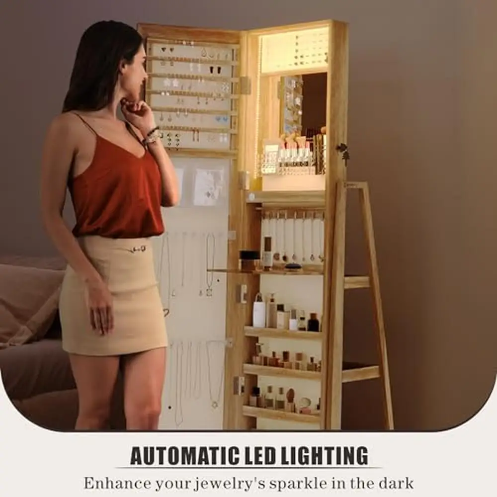 Estando Cabinet Jóias com Espelho de Corpo Inteiro, 360 ° Swivel, LED Light Storage, Armário Bloqueável Organizador, Gavetas, Colar