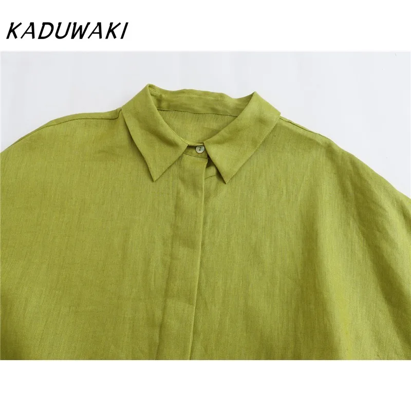 KADUWAK Chic Retro Lapel Puffy Sleeve Solid Top Casual Thin Loose Elastic Straight Pant Home Set Plus Size Woman Clothes Outfits